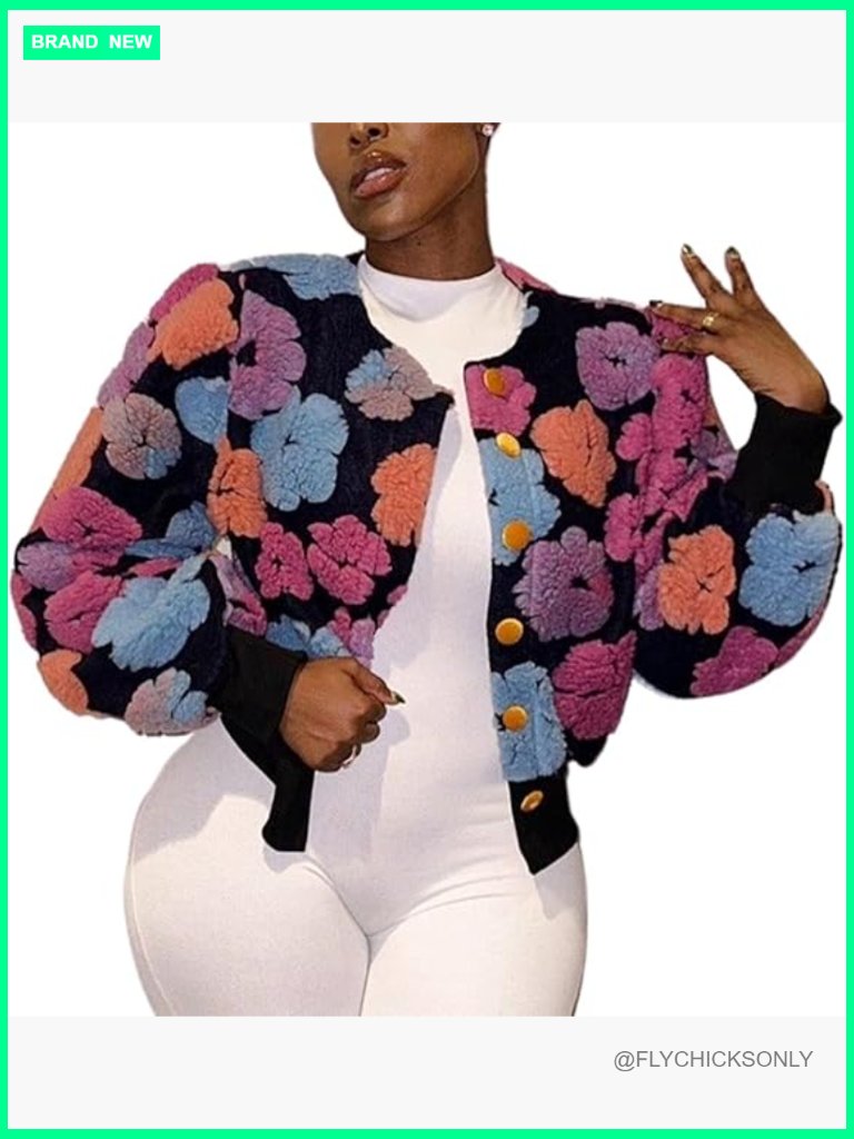 Cropped Floral Print Fleece Bomber Jacket Puff Sleeve Button Down